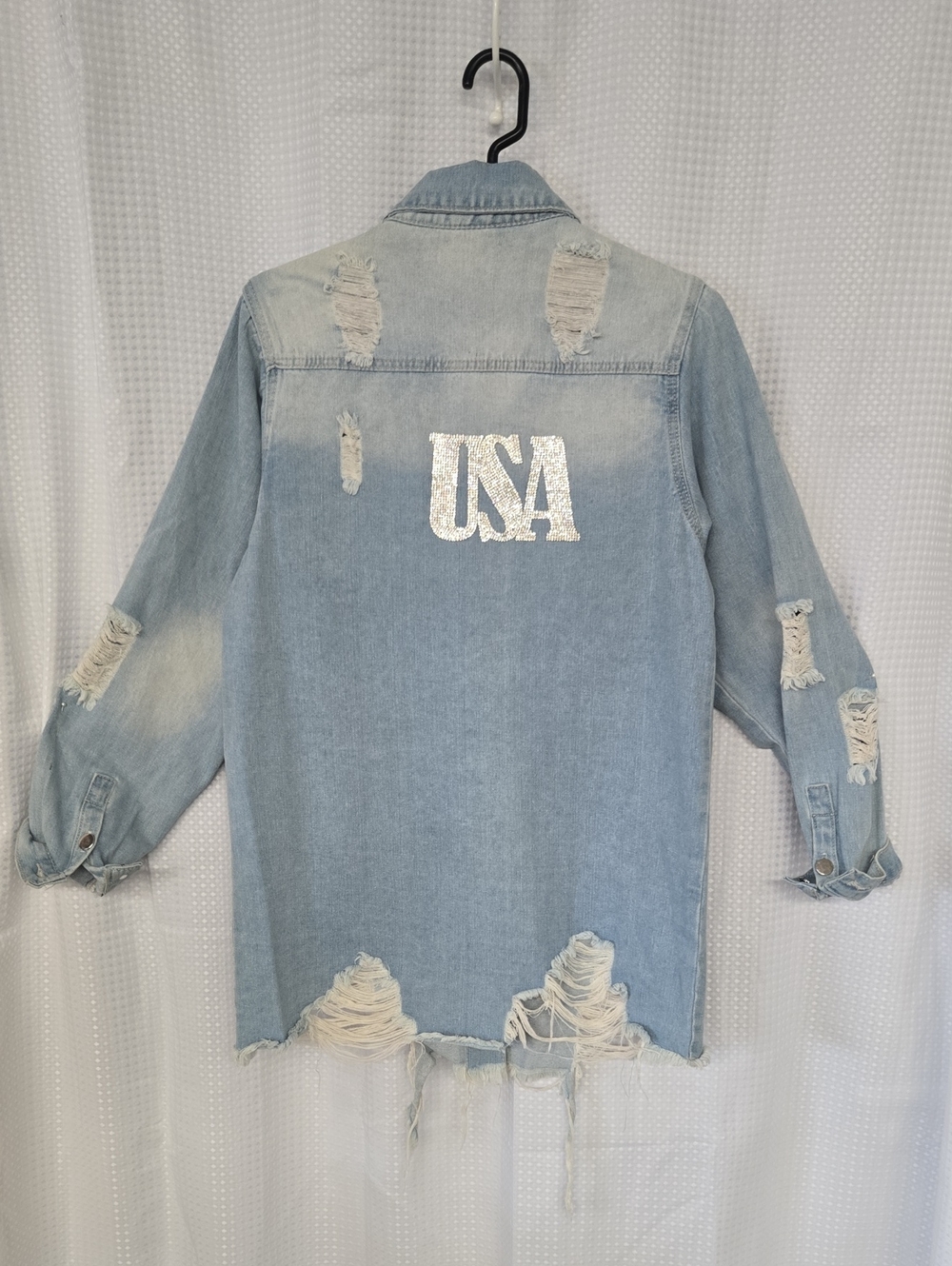 Long Distressed Light Wash Denim Jacket with 'USA' Accent